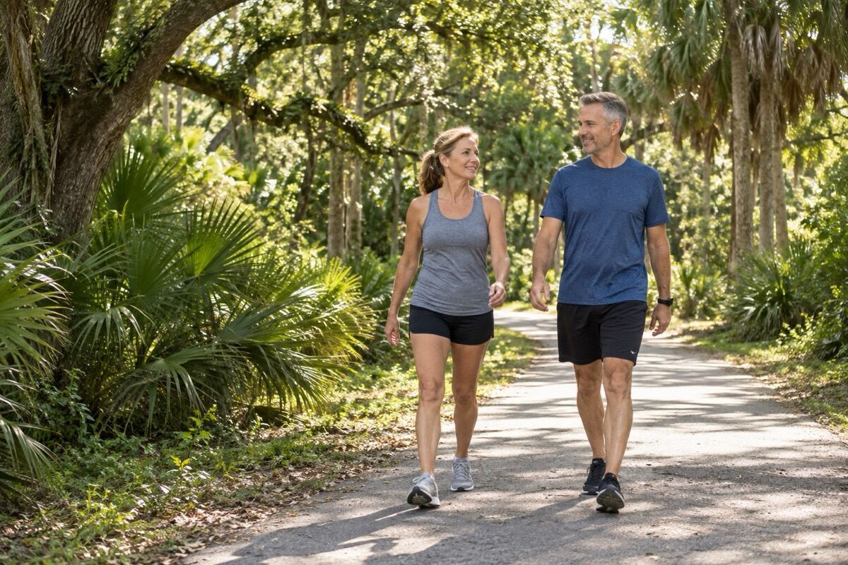 Two adults enjoying a sunny walk together