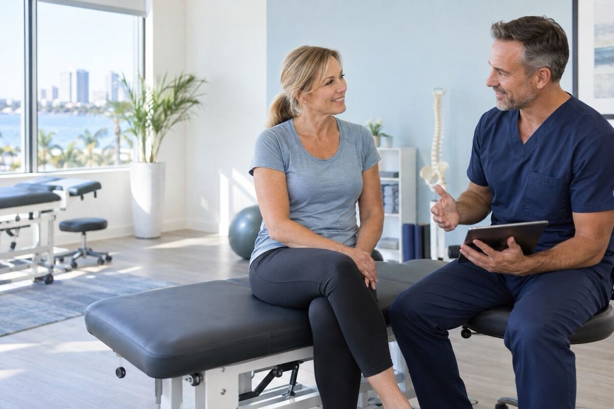 A chiropractor and patient discussing care